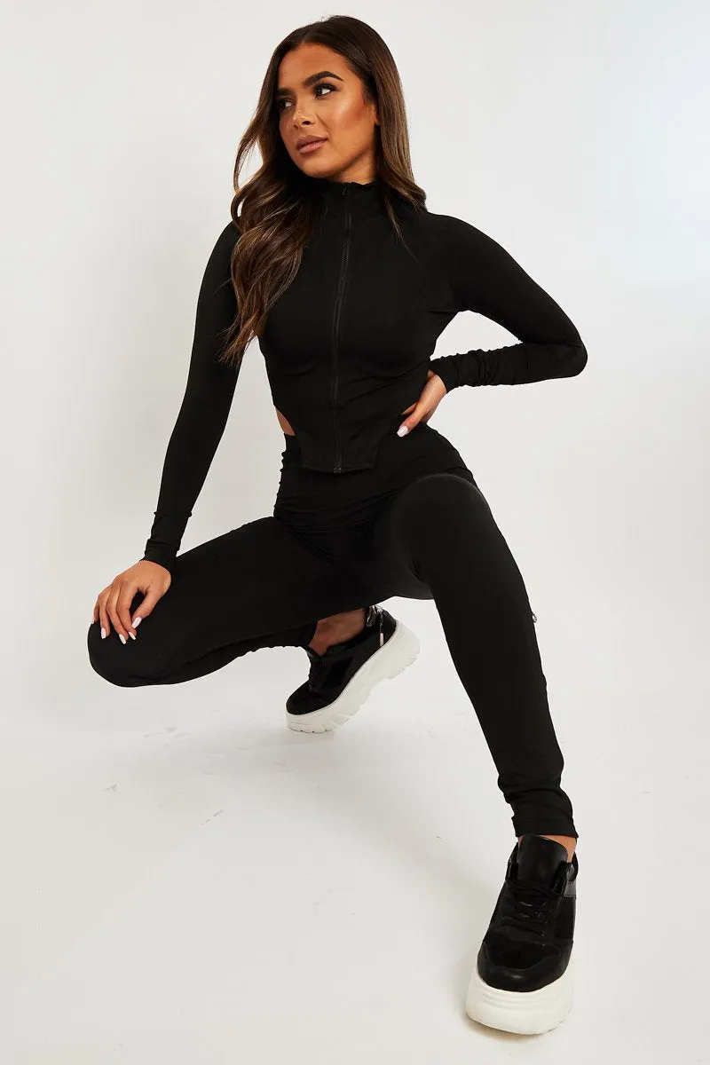 Black High Neck Zip Crop Top Leggings Co-ord - Eily