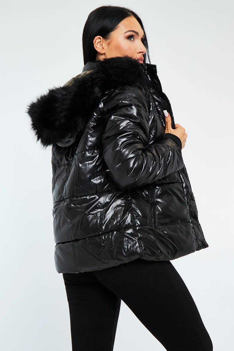 Black Khaki Wet Look Reversible Fur Hood Puffer Jacket - Zadie