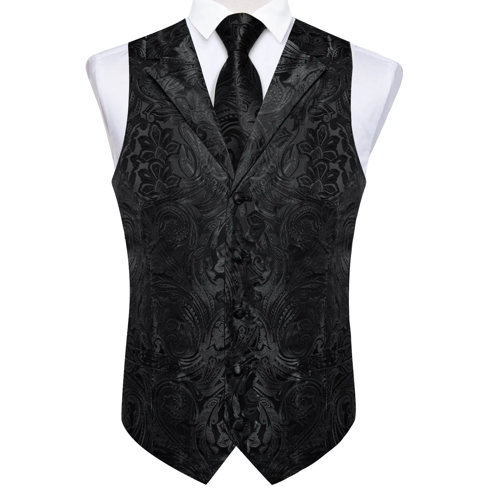 Black Paisley Men's Collar Vest Tie Hanky Cufflinks Set Waistcoat Suit Set