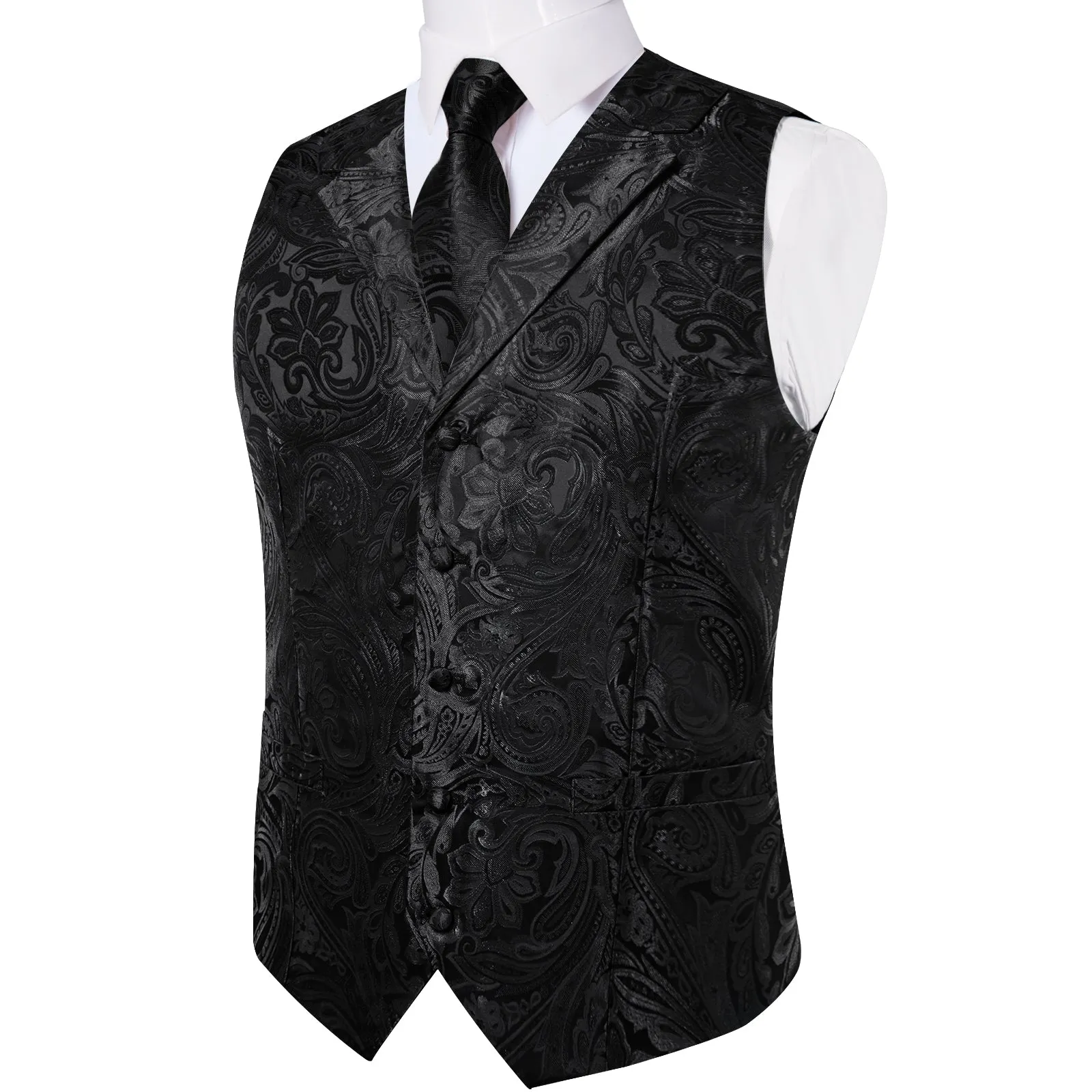 Black Paisley Men's Collar Vest Tie Hanky Cufflinks Set Waistcoat Suit Set