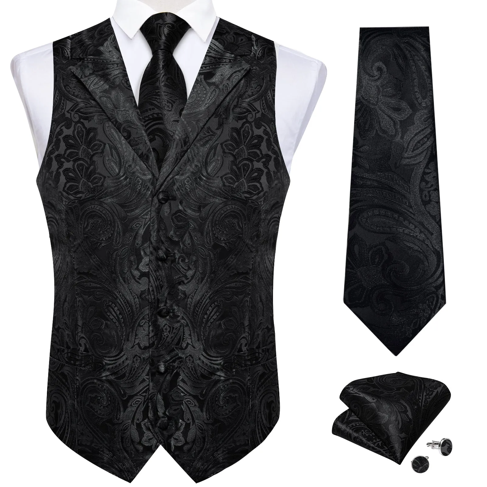 Black Paisley Men's Collar Vest Tie Hanky Cufflinks Set Waistcoat Suit Set