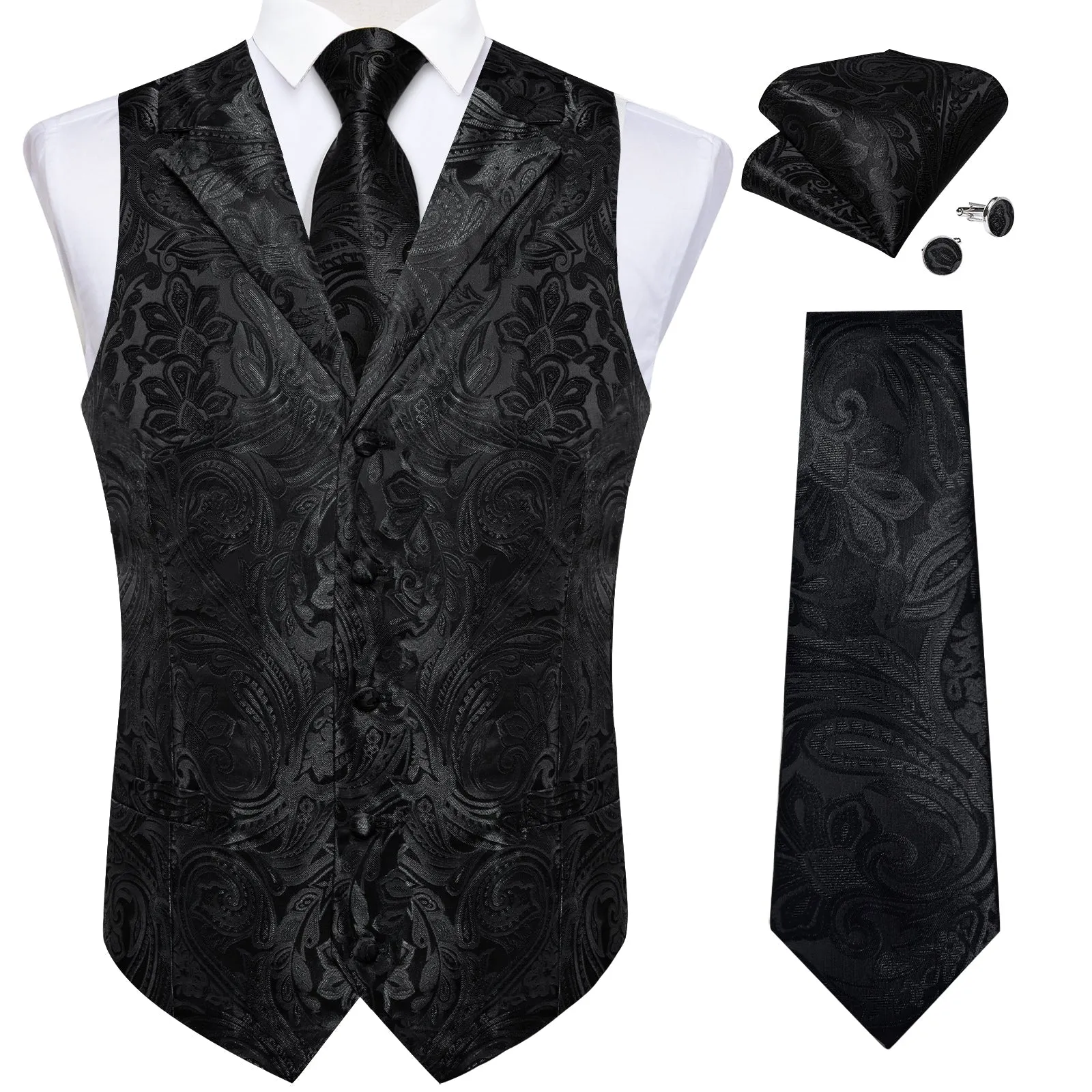 Black Paisley Men's Collar Vest Tie Hanky Cufflinks Set Waistcoat Suit Set