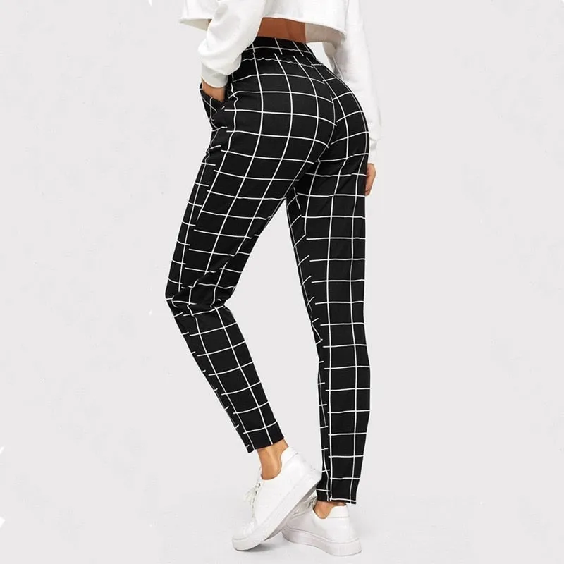 Black Plaid Printing Casual Skinny Pants