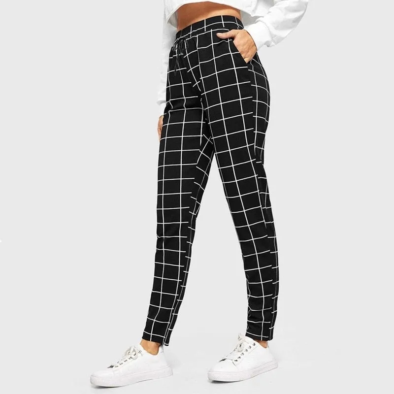 Black Plaid Printing Casual Skinny Pants