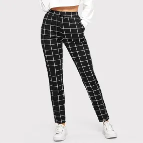 Black Plaid Printing Casual Skinny Pants