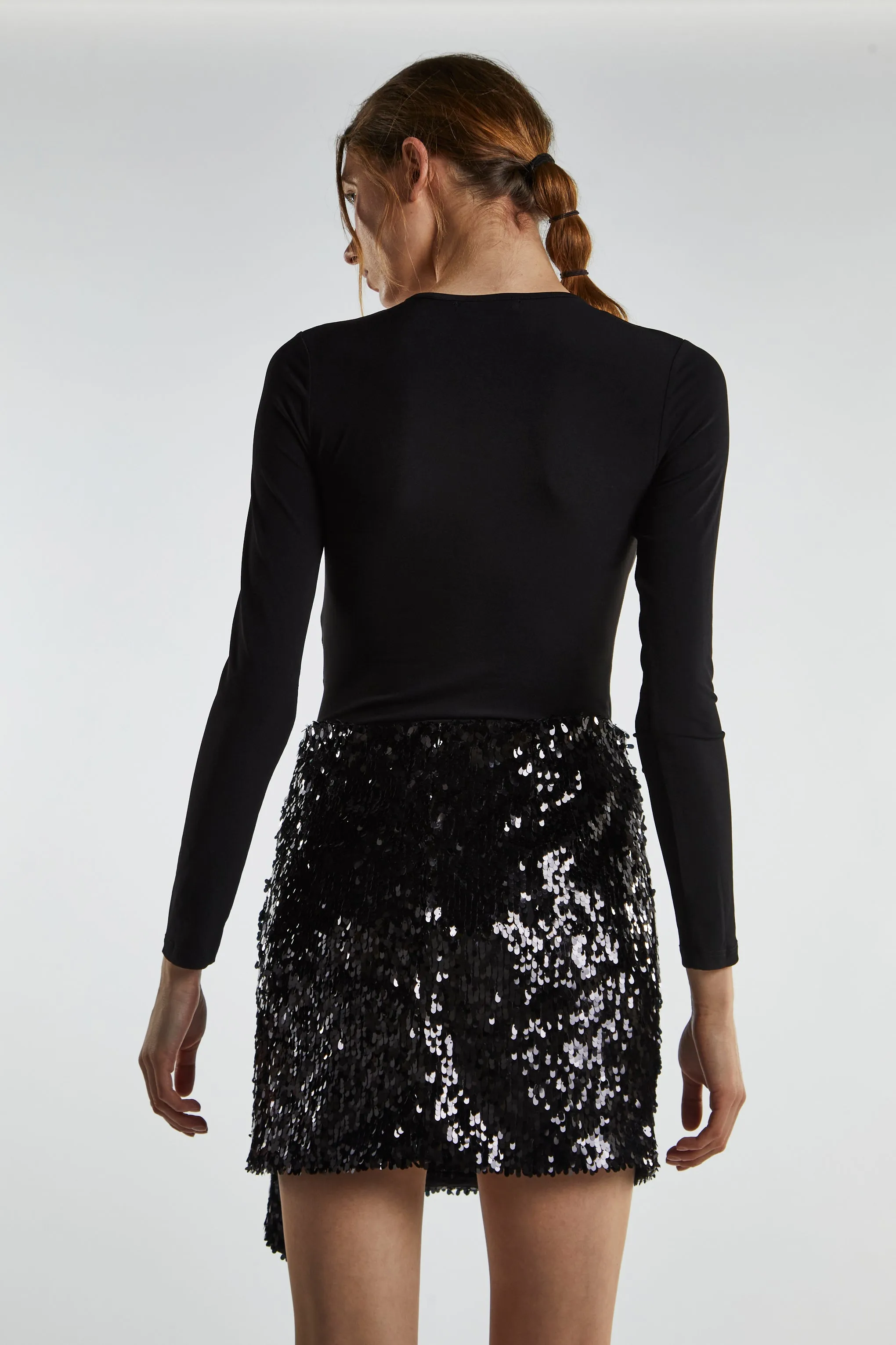 Black-Sequin Asymmetric-Drape Mini-Skirt