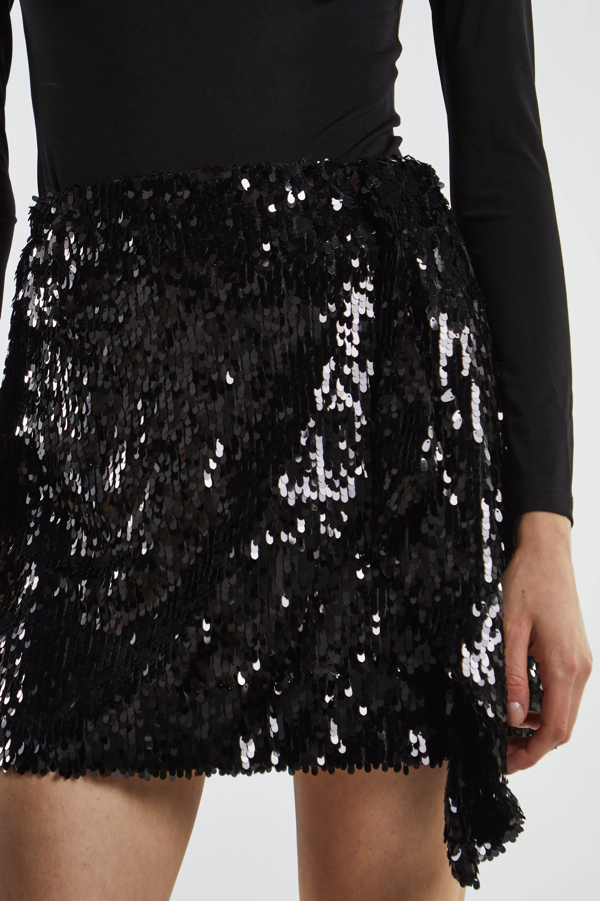 Black-Sequin Asymmetric-Drape Mini-Skirt