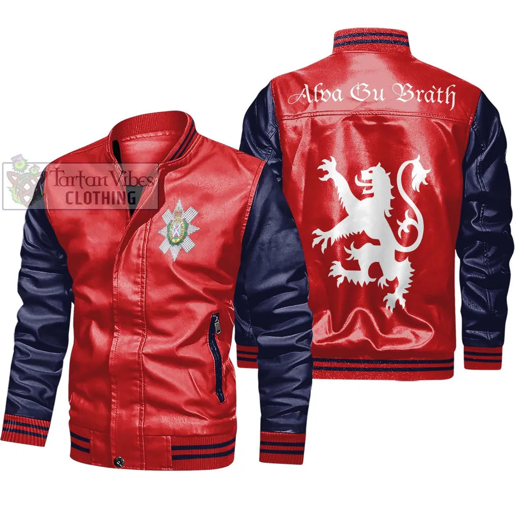 Black Watch Family Crest Leather Bomber Jacket Lion Rampant Alba Gu Brath Style