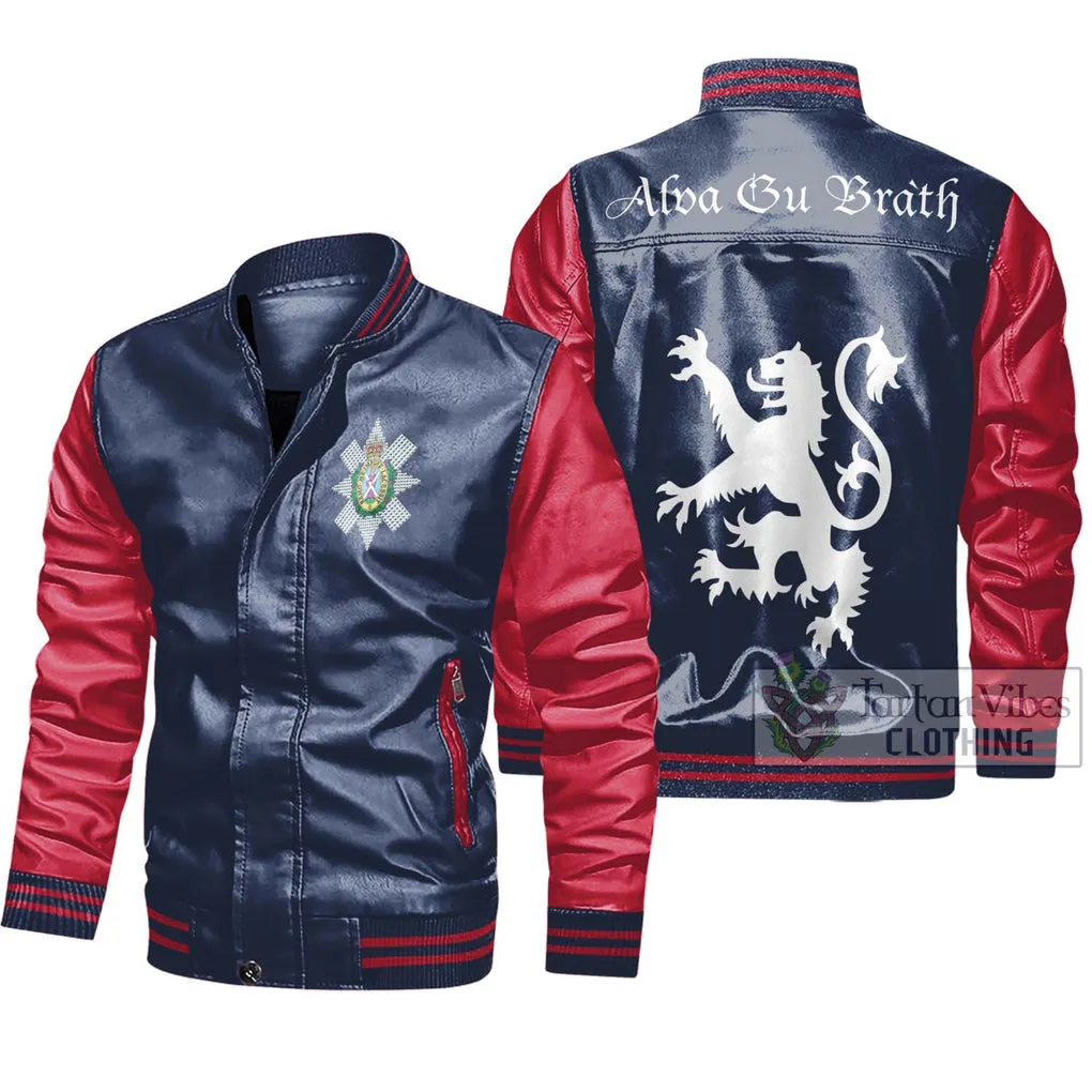 Black Watch Family Crest Leather Bomber Jacket Lion Rampant Alba Gu Brath Style