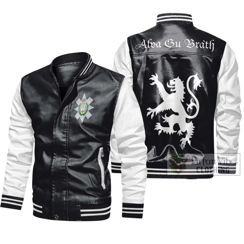 Black Watch Family Crest Leather Bomber Jacket Lion Rampant Alba Gu Brath Style