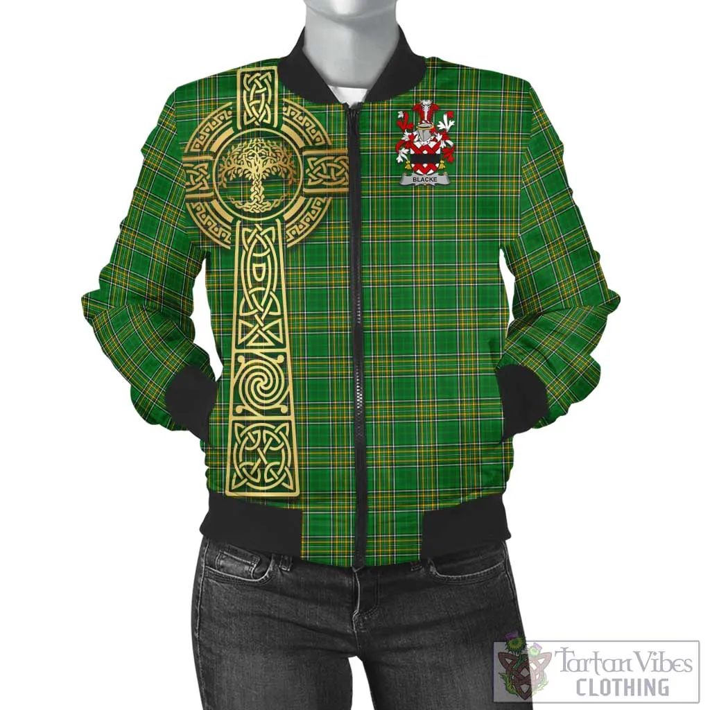 Blacke Irish Clan Tartan Bomber Jacket with Coat of Arms Celtic Tree of Life Style