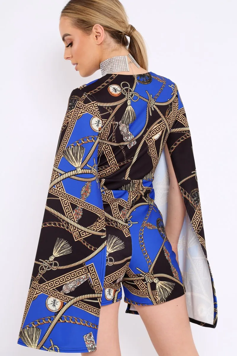 Blue and Black Rope Print Cape Playsuit - Zyona