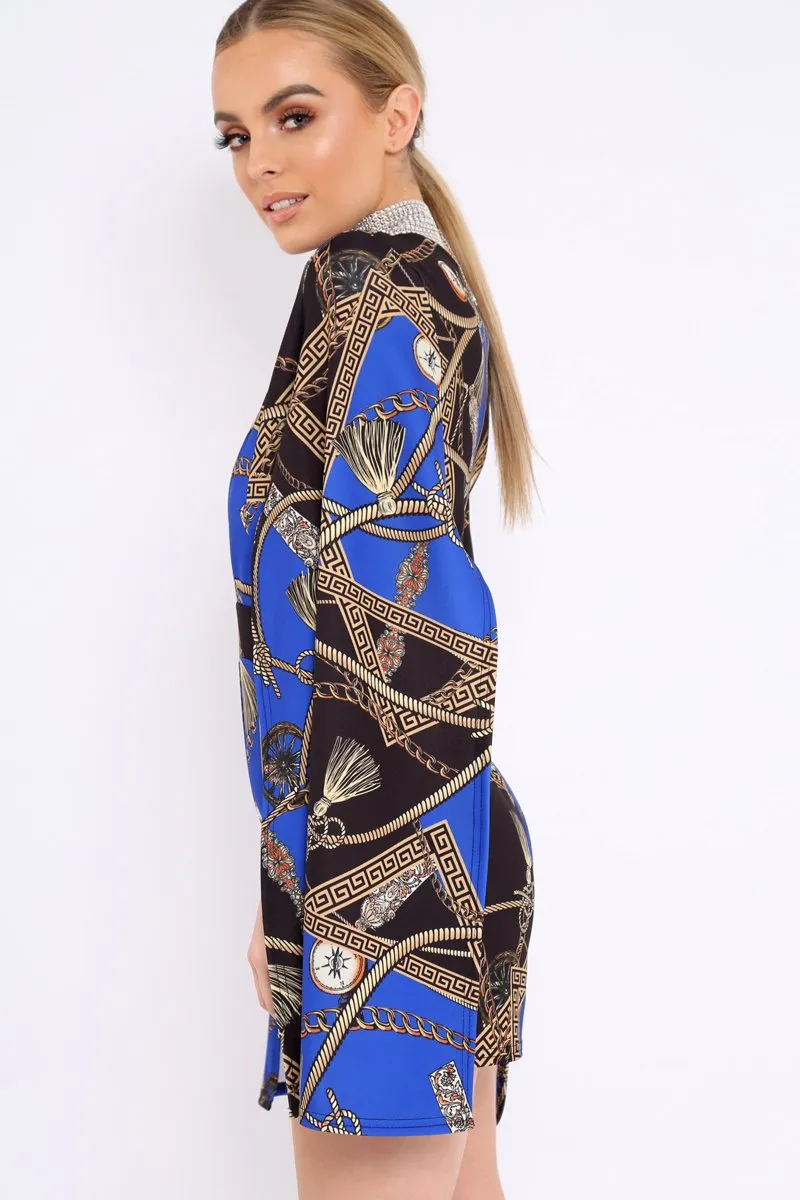 Blue and Black Rope Print Cape Playsuit - Zyona