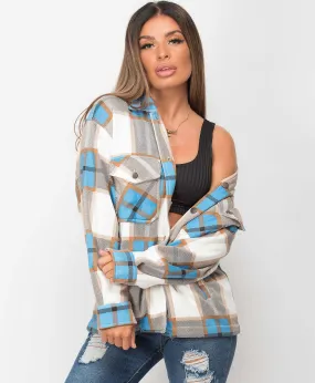 Blue Fleece Oversized Check Shirt Shacket