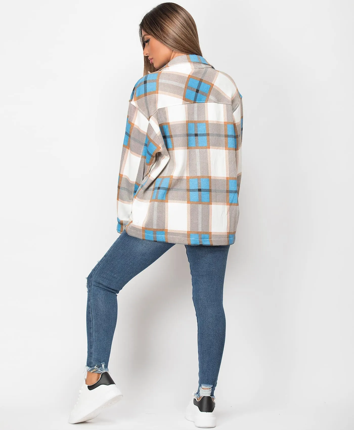 Blue Fleece Oversized Check Shirt Shacket