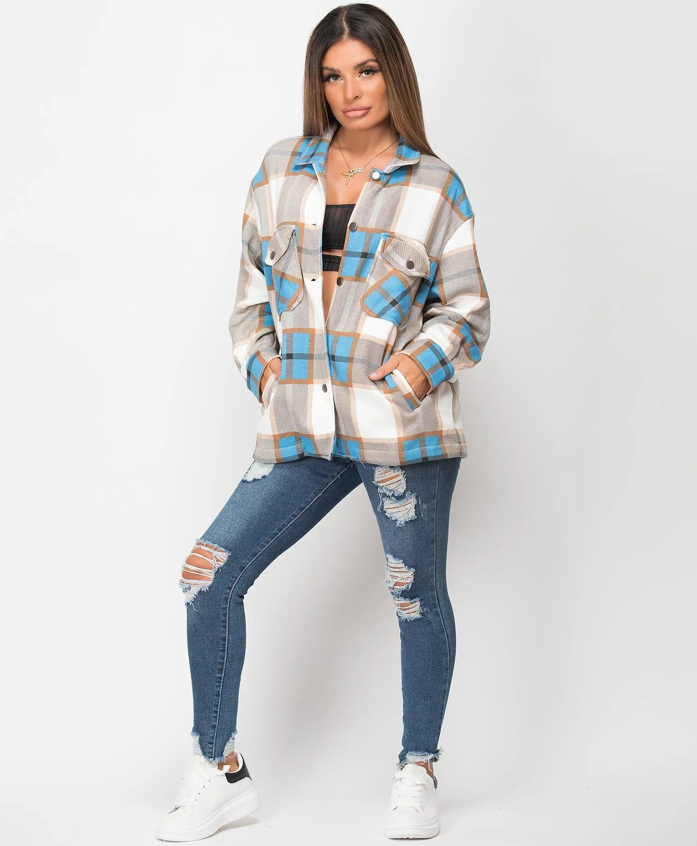 Blue Fleece Oversized Check Shirt Shacket