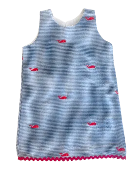 Blue Gingham Seersucker Dress with Red Embroidered Whales