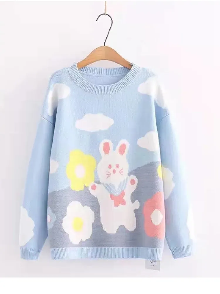 Blue Rabbit Cute Sweaters Women's Jumper Sweet Style Pullover Kawaii Sweater Long Sleeve Loose Knitted Pullovers