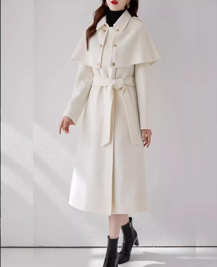 Cape coat, Wool Coat women, white coat, Long Wool Jacket, Coat dress, Winter Coat, Trench Coat, midi coat, Belt Coat, Handmade Coat(Y1109)