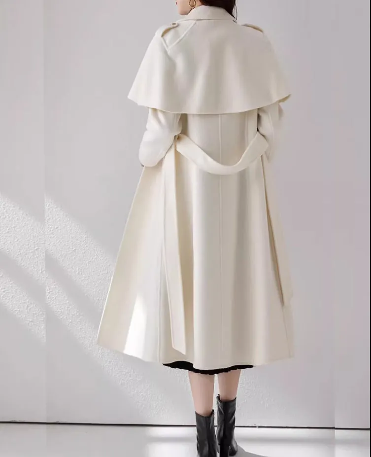 Cape coat, Wool Coat women, white coat, Long Wool Jacket, Coat dress, Winter Coat, Trench Coat, midi coat, Belt Coat, Handmade Coat(Y1109)