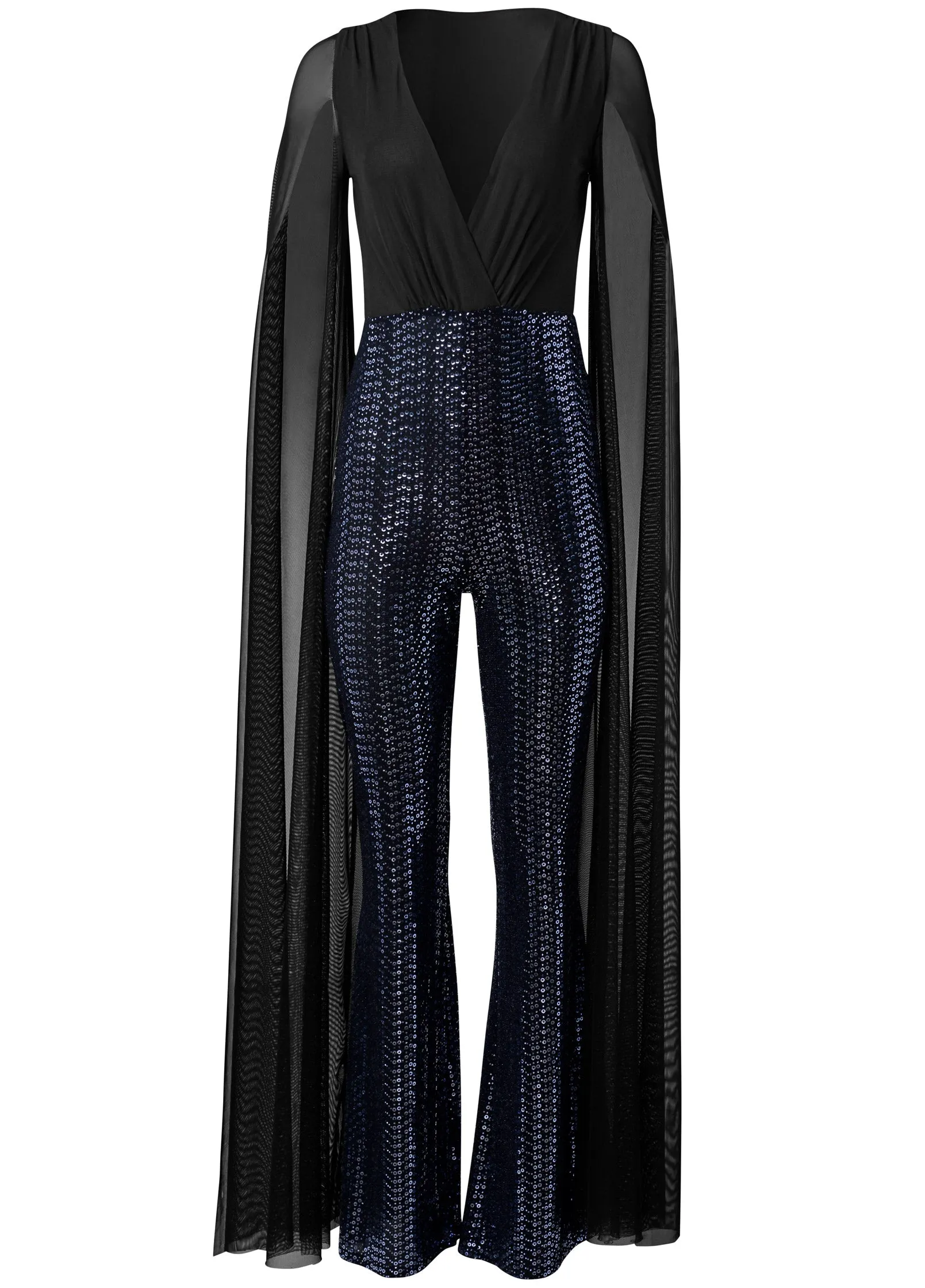 Cape Sleeve Sequin Jumpsuit - Black