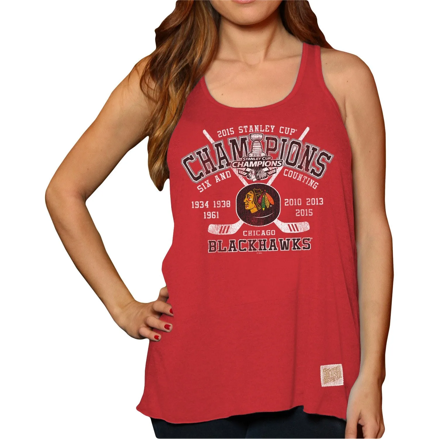 Chicago Blackhawks Retro Brand 2015 Stanley Cup Champions Womens Red Tank Top