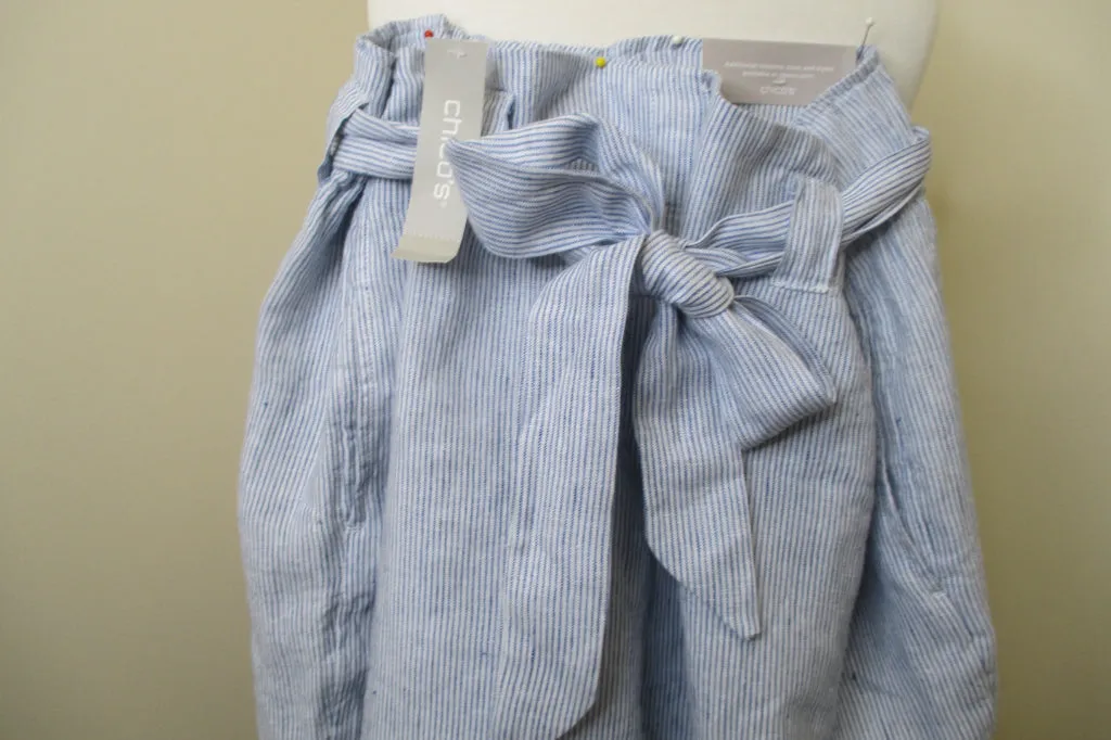 Chico's Linen Tie-Waist Crop Pants, Wide Leg, Blue and White, NWT, Size 3