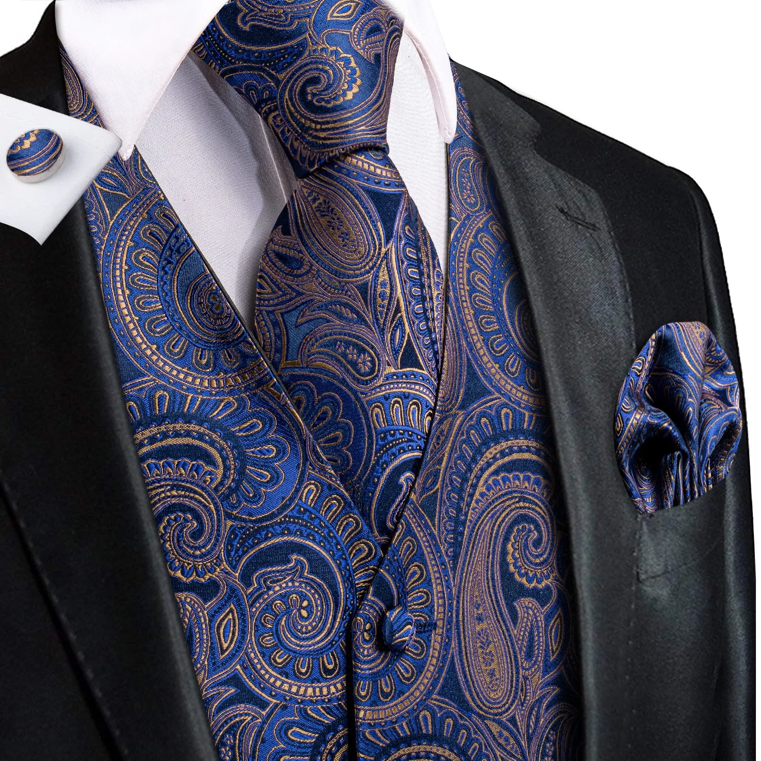 Classic Blue Golden Paisley Silk Men's Vest Hanky Cufflinks Tie Set Waistcoat Suit Set