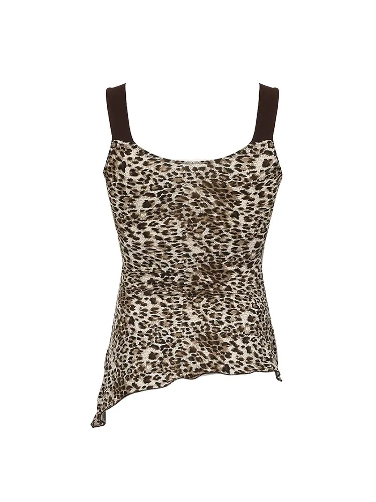 Contrast Patchwork Leopard Print Slim Asymmetrical Tank Vest Female V Neck Y2K Summer Camisole Tops