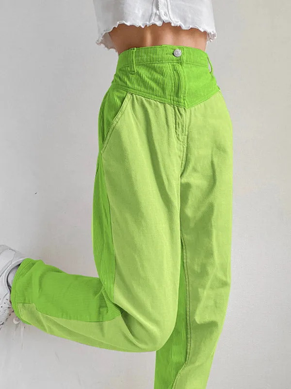 Corduroy Patchwork High Waist Straight Pants