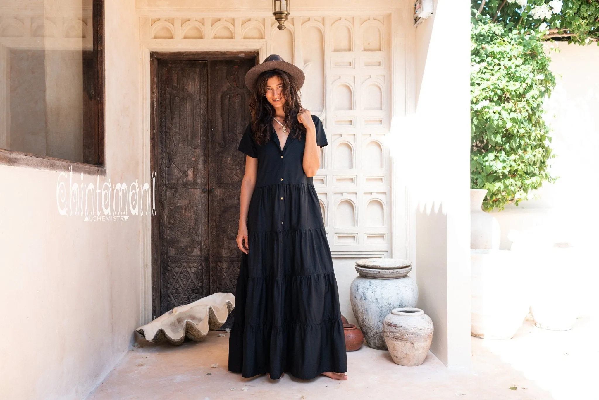 Cotton Maxi Shirt Dress / Black