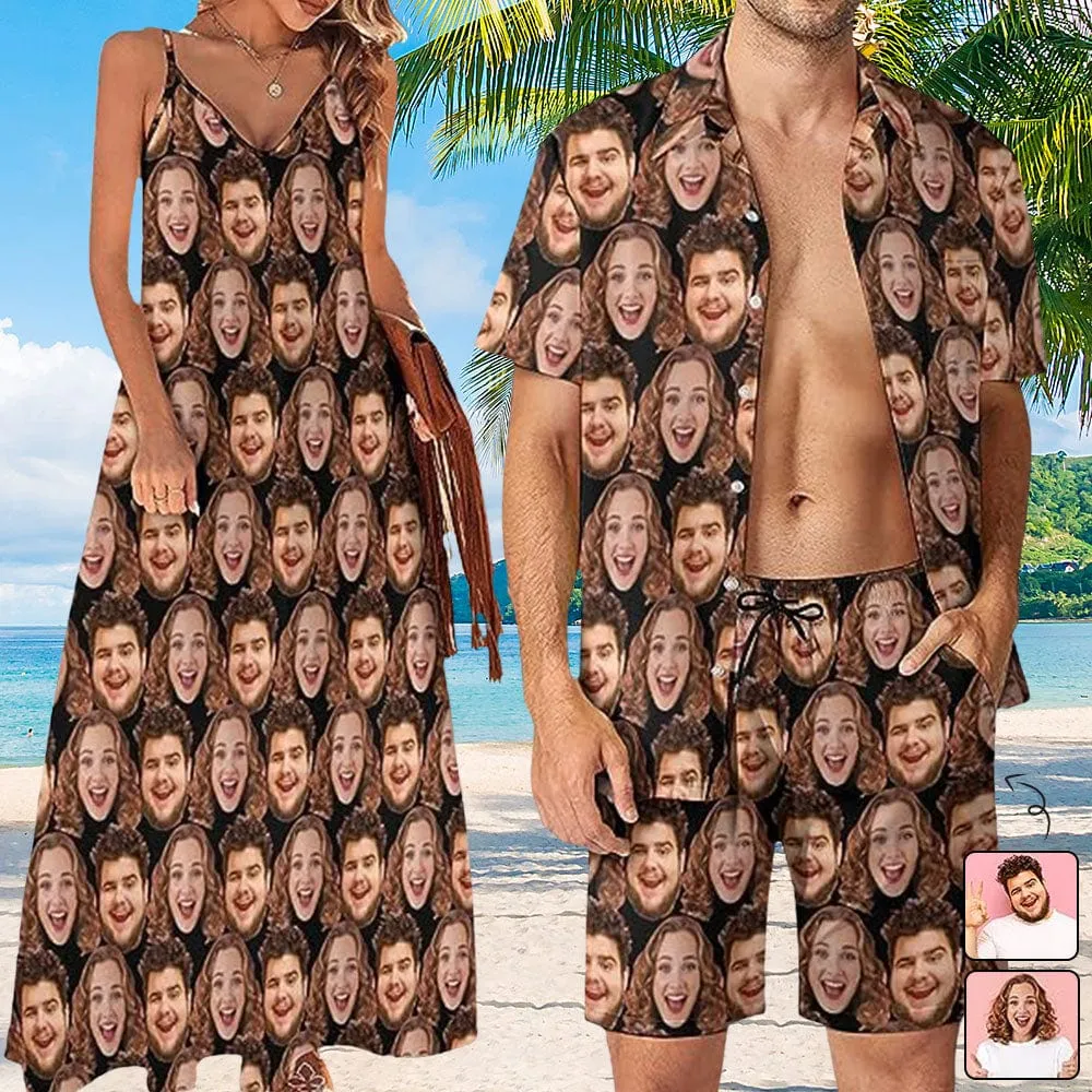 Couple Hawaiian Dress Set Cruise Outfit Custom Face Full Hawaiian Shirt Set&Dress