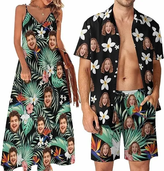 Couple Hawaiian Dress Set Cruise Outfit Custom Face Green Tropical Leaves Hawaiian Shirt Set&Dress