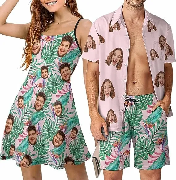 Couple Hawaiian Dress Set Cruise Outfit Custom Face Pink Hawaiian Shirt Set&Dress