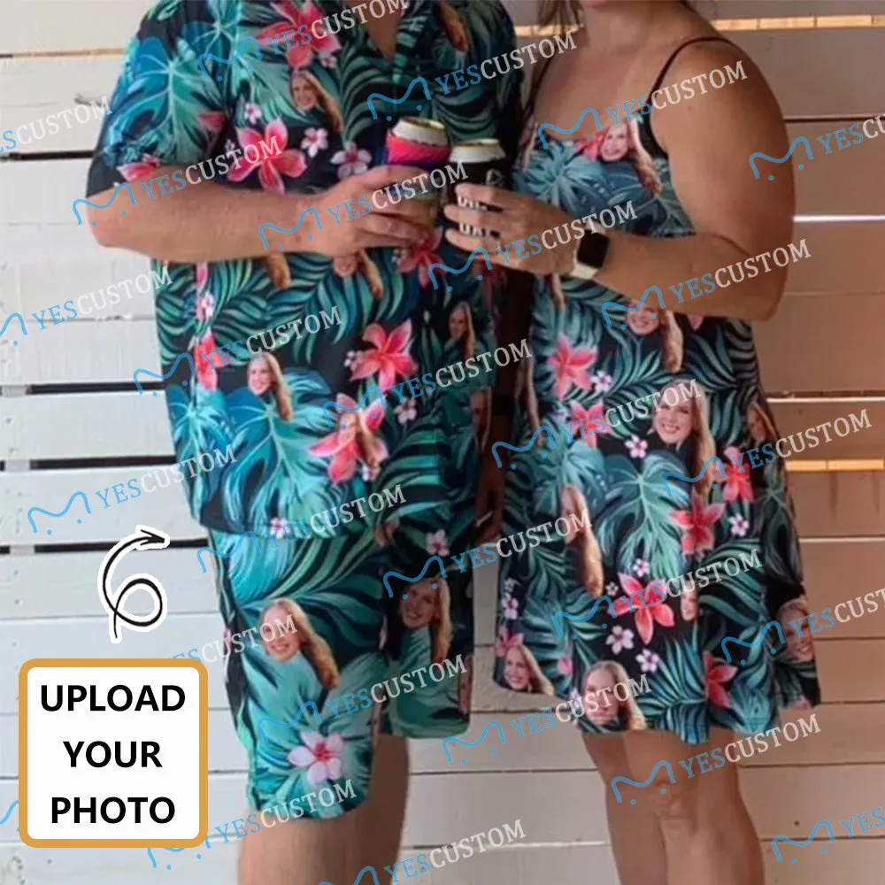 Couple Hawaiian Dress Set Cruise Outfit Custom Face Red Flowers Hawaiian Shirt Set&Dress