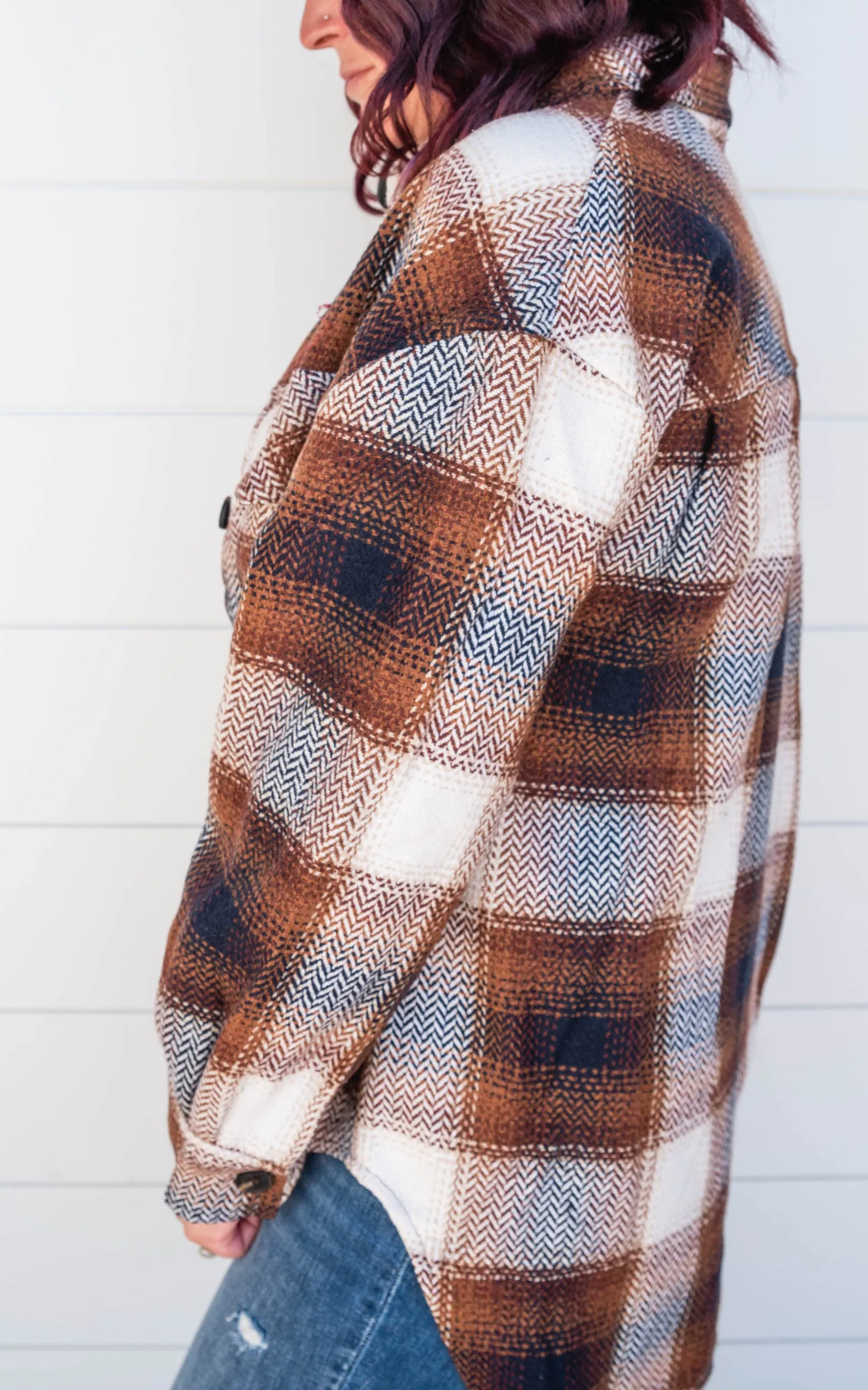 COZY OVERSIZED BROWN PLAID BUTTON DOWN SHIRT JACKET - Final Sale