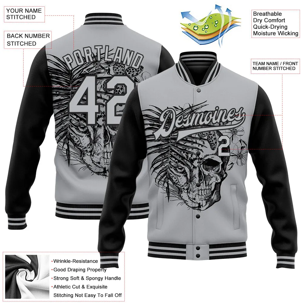 Custom Gray Black Tropical Plant Leopard Skull Fashion 3D Bomber Full-Snap Varsity Letterman Two Tone Jacket