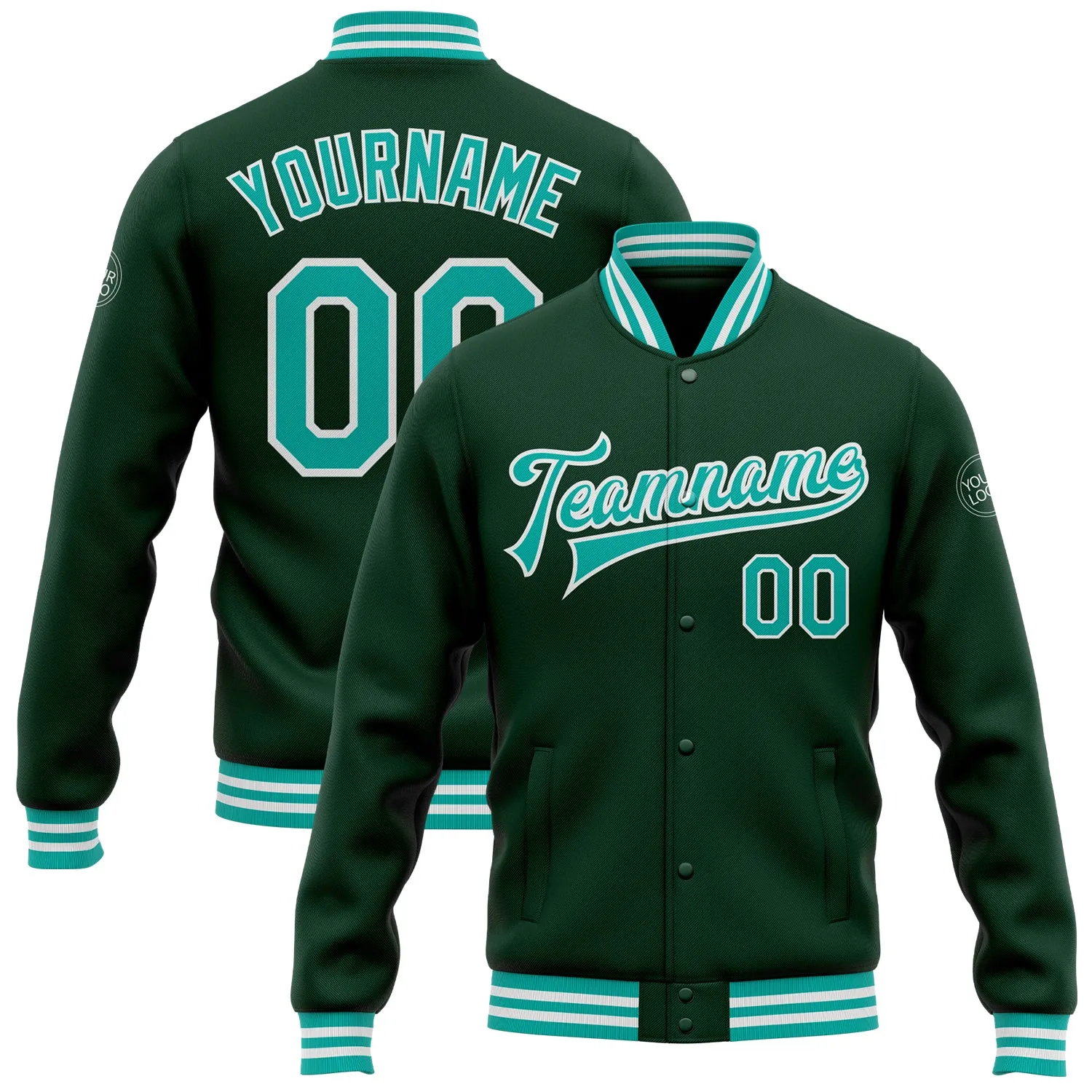 Custom Green Aqua-White Bomber Full-Snap Varsity Letterman Jacket