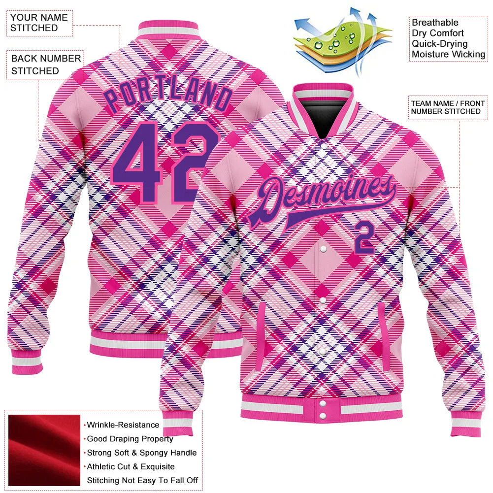 Custom Light Pink Purple-Pink Check Board 3D Pattern Design Bomber Full-Snap Varsity Letterman Jacket