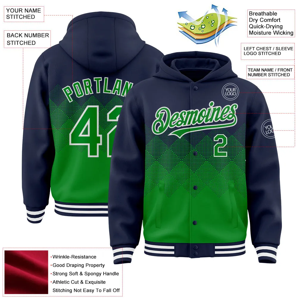 Custom Navy Grass Green-White Gradient Square Shape 3D Pattern Design Bomber Full-Snap Varsity Letterman Hoodie Jacket