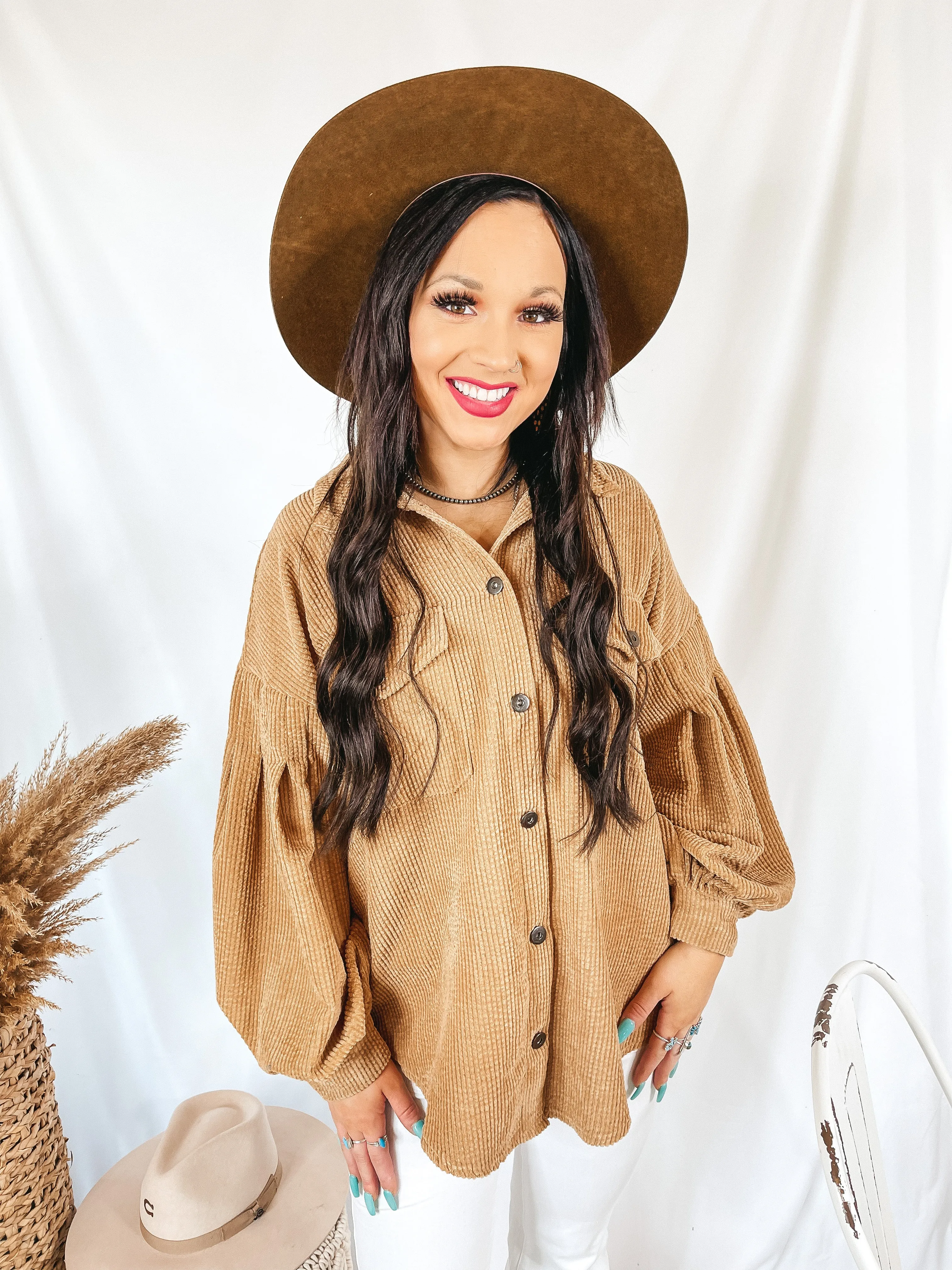 Cute Collab Button Up Corduroy Shacket with Balloon Sleeves in Tan