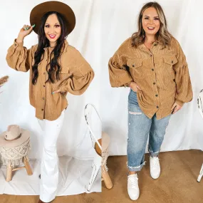 Cute Collab Button Up Corduroy Shacket with Balloon Sleeves in Tan