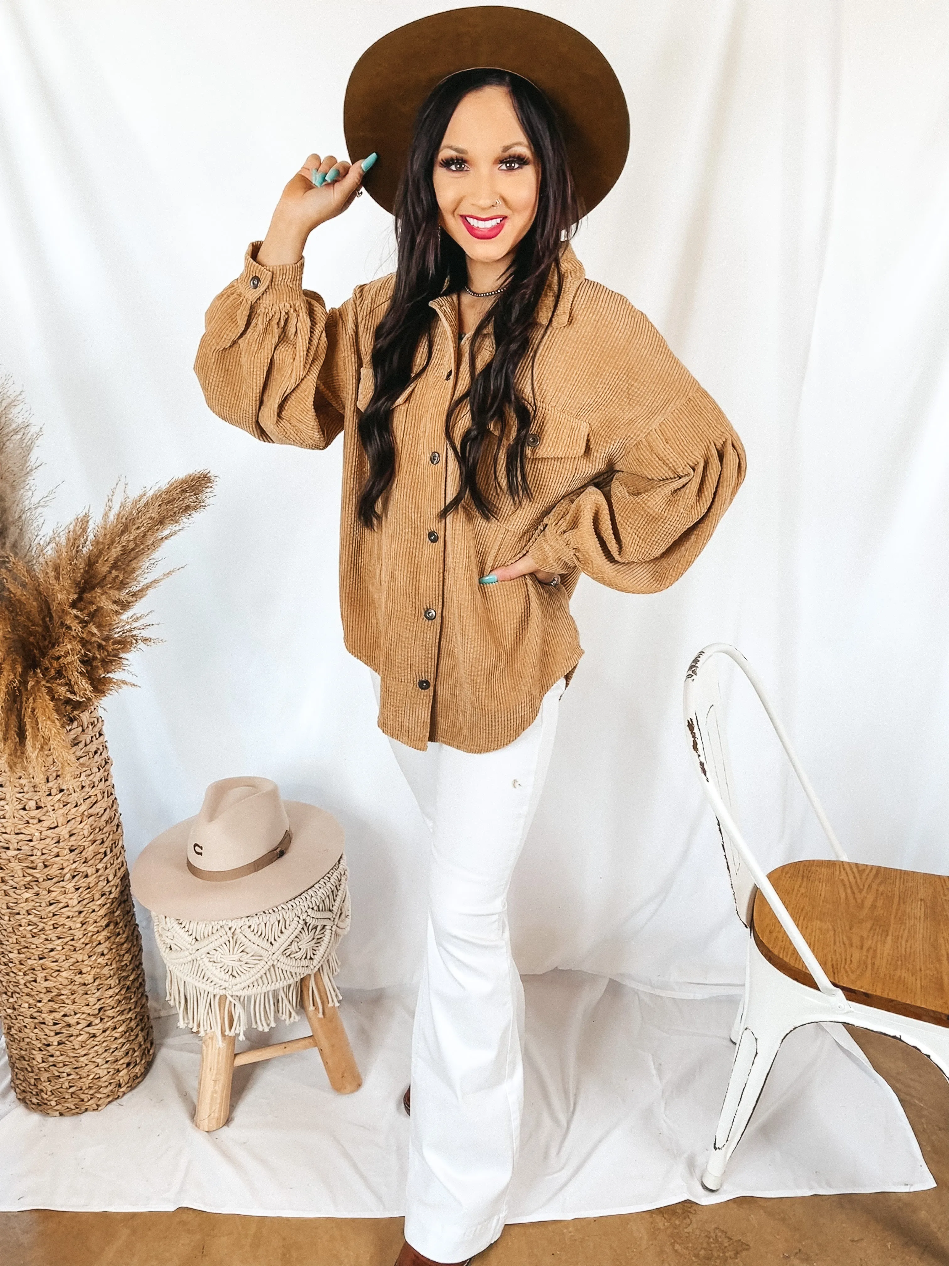 Cute Collab Button Up Corduroy Shacket with Balloon Sleeves in Tan