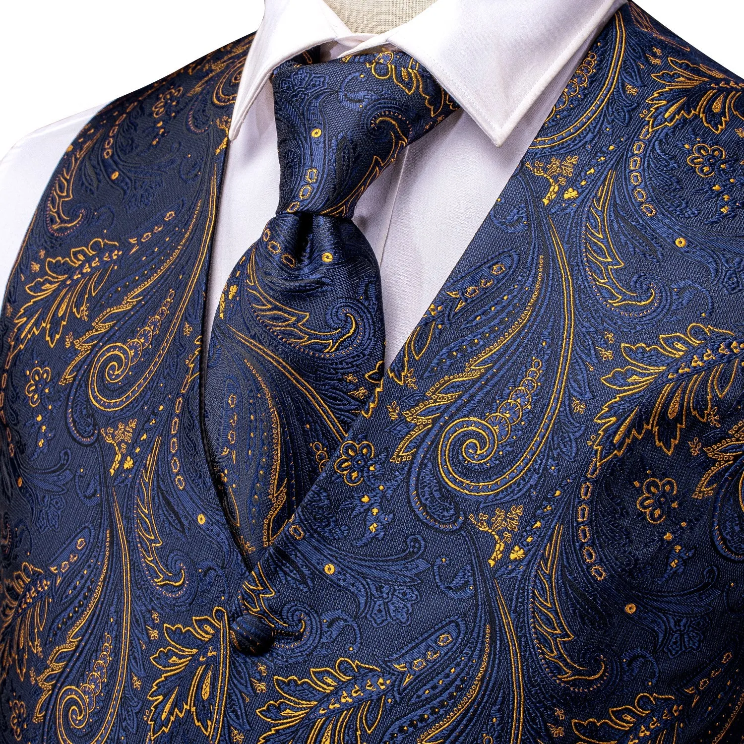 Dark Blue Golden Paisley Jacquard Silk Men's Vest Hanky Cufflinks Tie Set