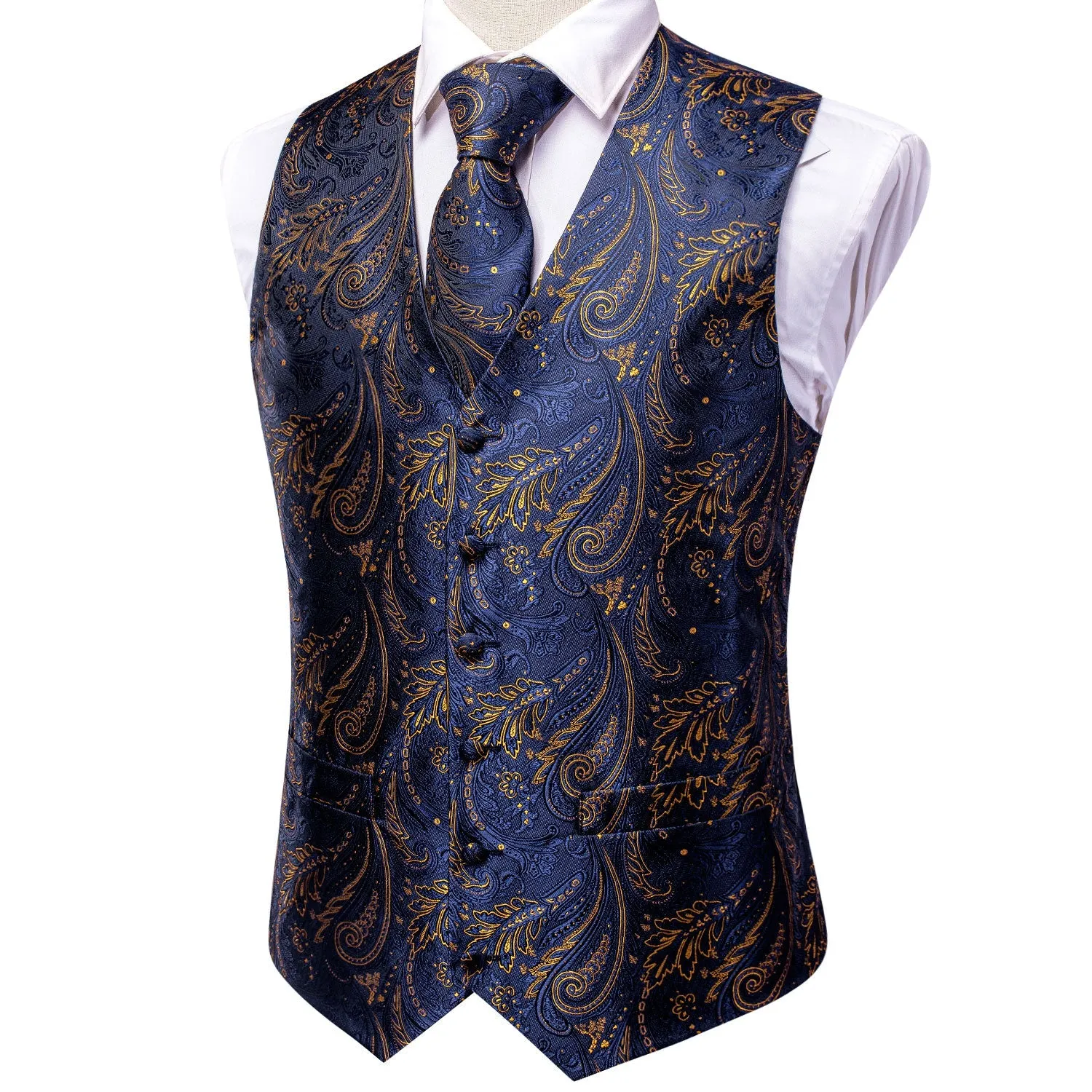 Dark Blue Golden Paisley Jacquard Silk Men's Vest Hanky Cufflinks Tie Set