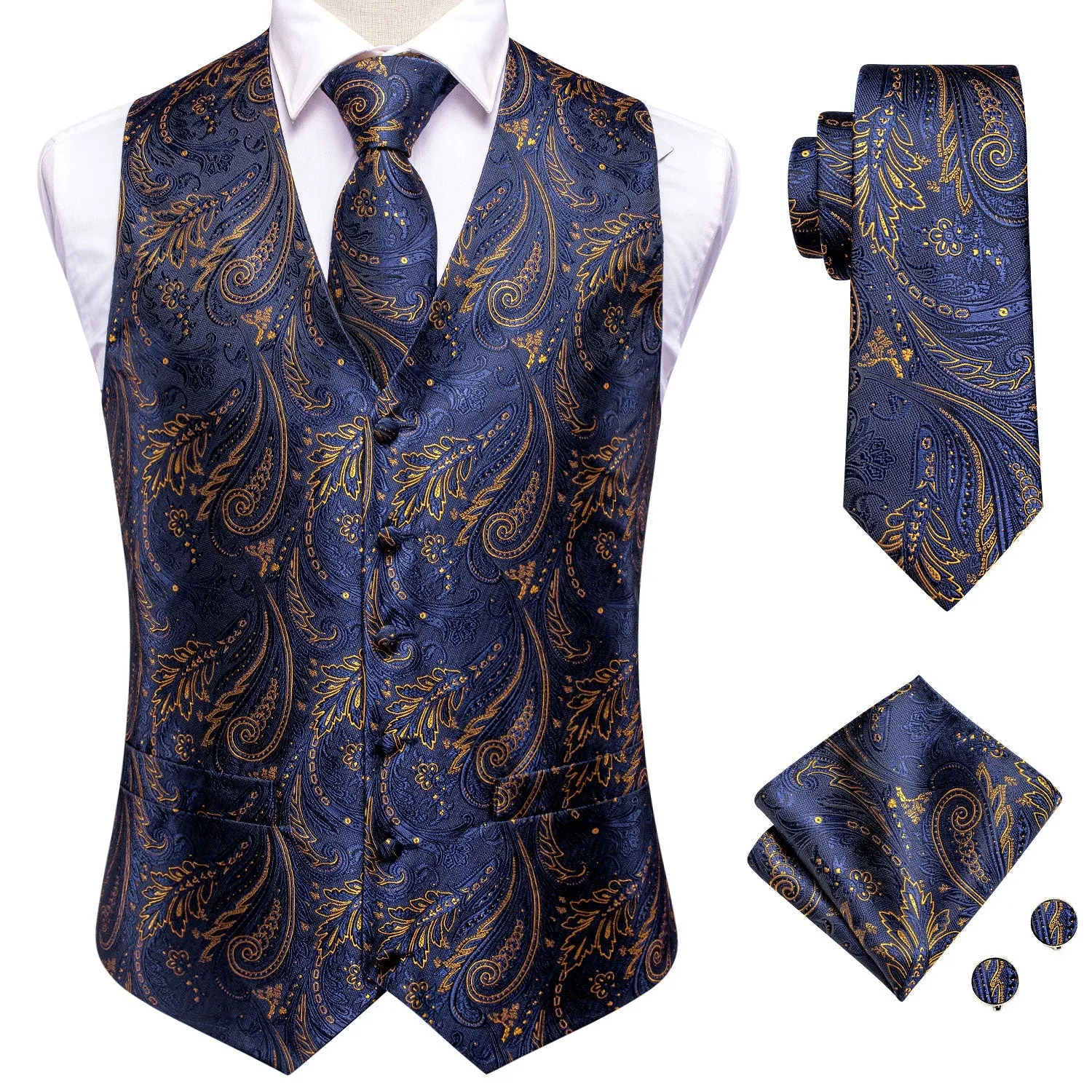 Dark Blue Golden Paisley Jacquard Silk Men's Vest Hanky Cufflinks Tie Set