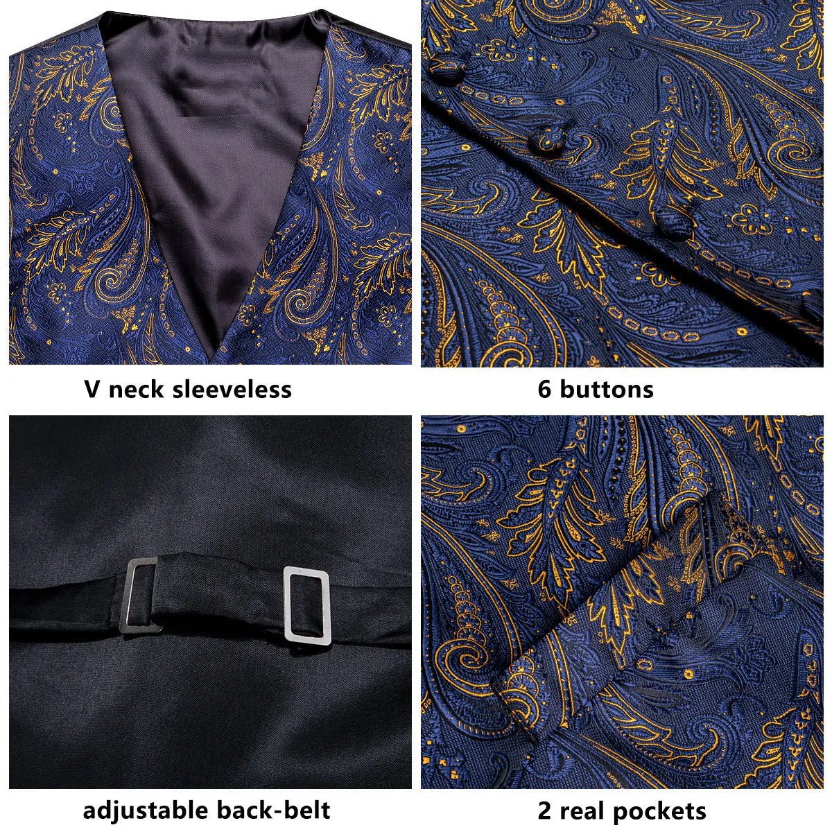 Dark Blue Golden Paisley Jacquard Silk Men's Vest Hanky Cufflinks Tie Set