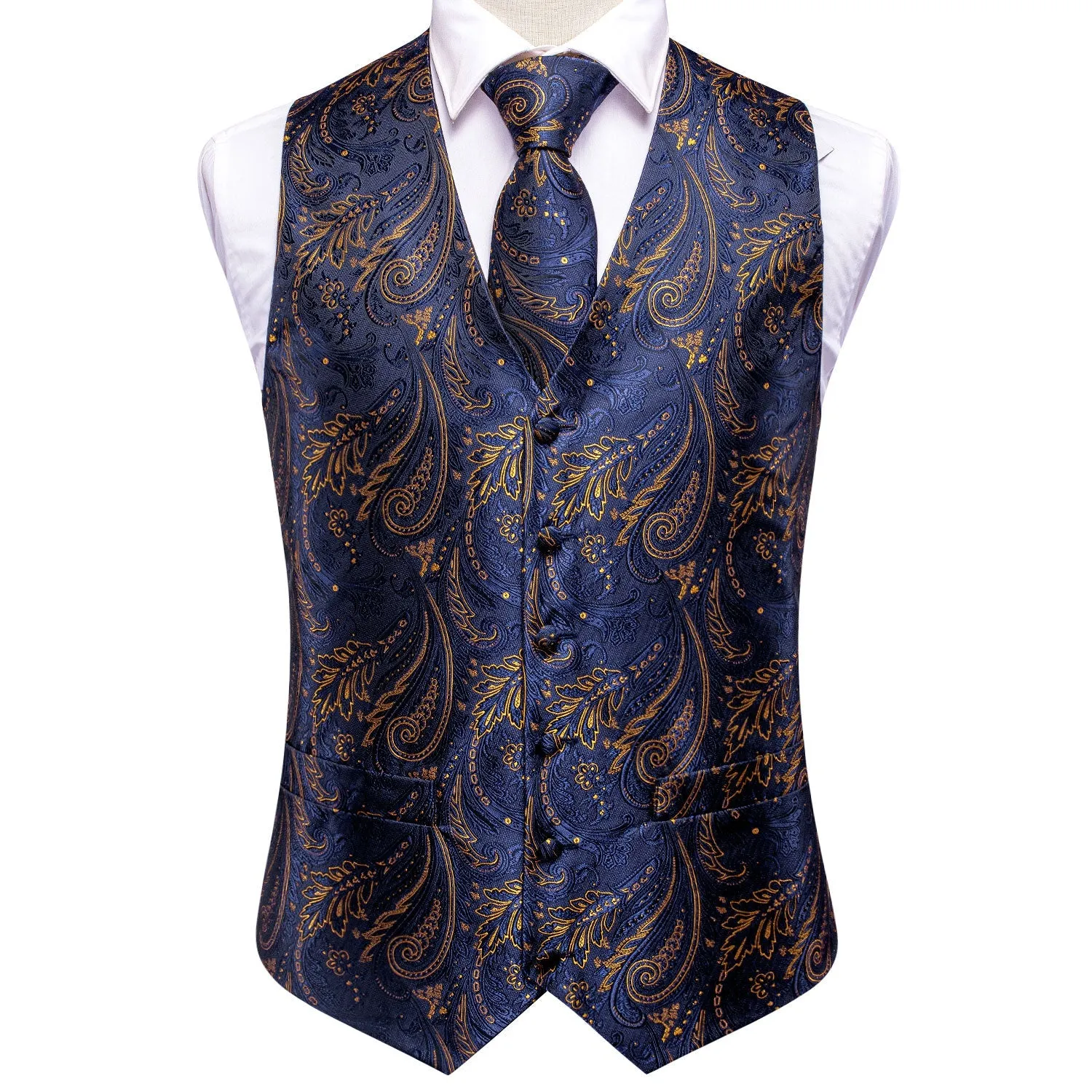 Dark Blue Golden Paisley Jacquard Silk Men's Vest Hanky Cufflinks Tie Set