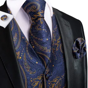 Dark Blue Golden Paisley Jacquard Silk Men's Vest Hanky Cufflinks Tie Set