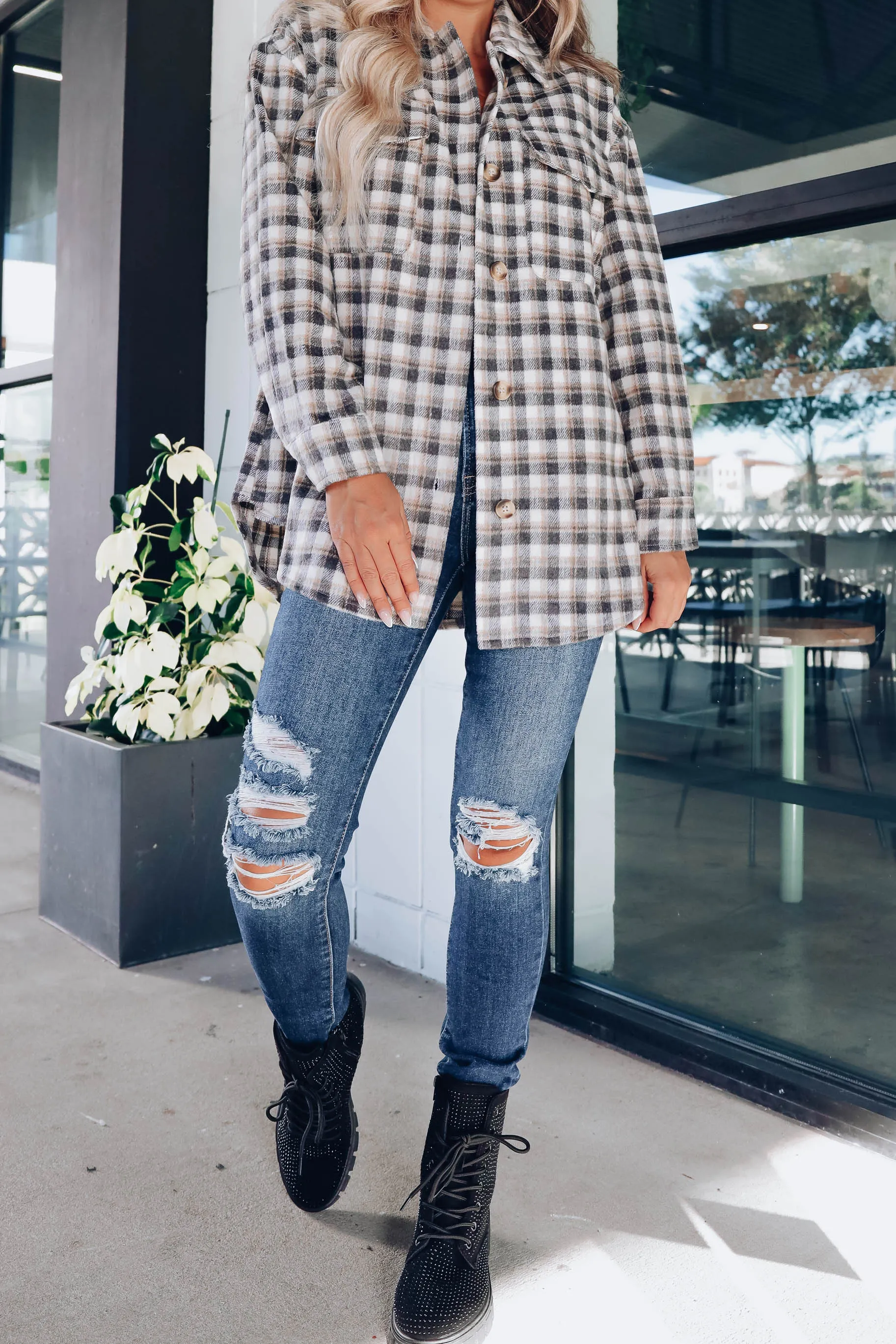 Delightfully Warm Plaid Shacket - Charcoal